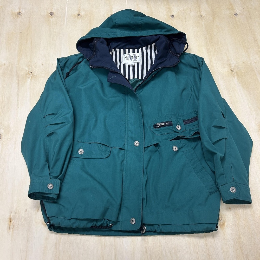 Mulberry Street Jacket Mens Medium Green Microfiber Hooded Parka Zip Pockets